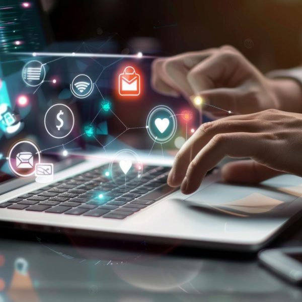 digital affiliate marketing icons on laptop