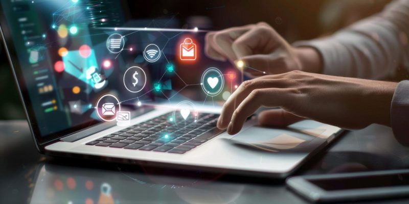 digital affiliate marketing icons on laptop
