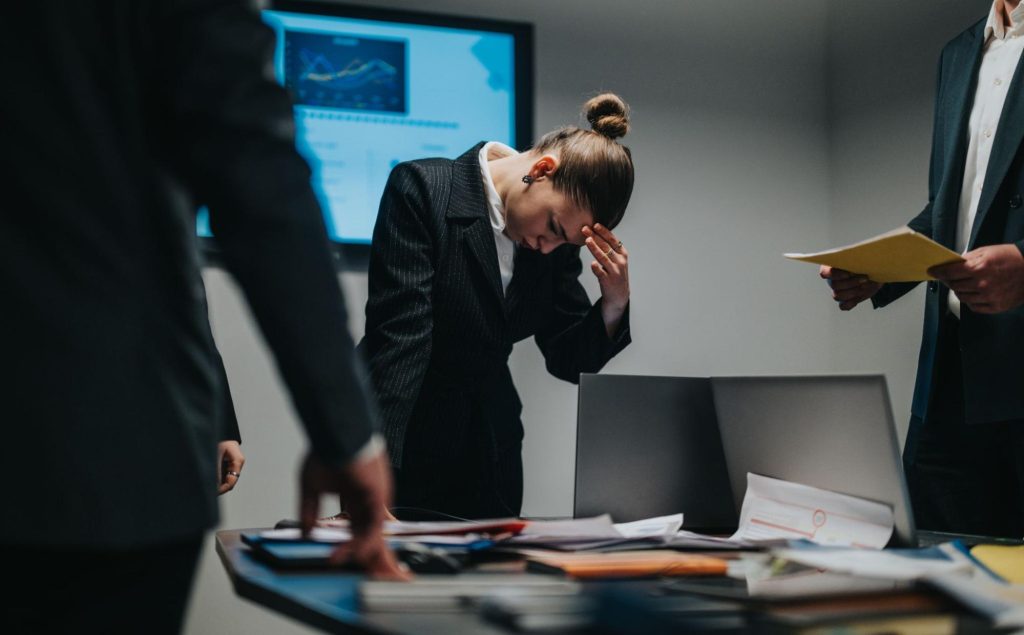 stressed business team reviewing poor financial results