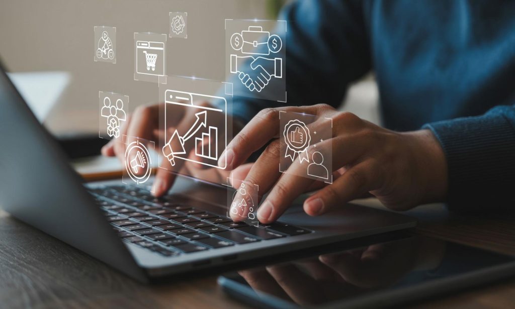 affiliate marketing analytics icons on laptop