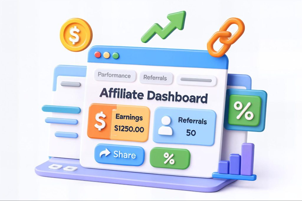 affiliate marketing dashboard showing earnings and referrals