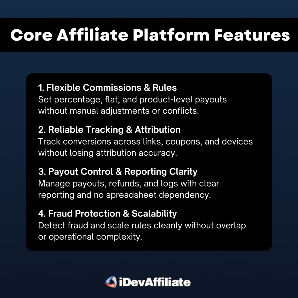 core affiliate software features infographic