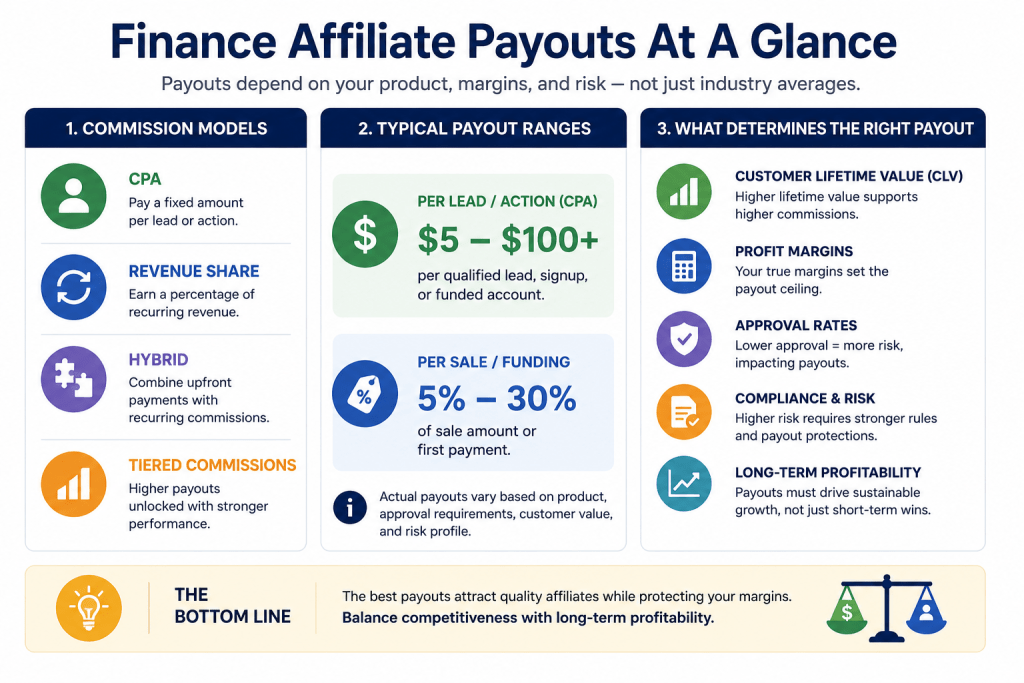 finance affiliate payout rates and commission models infographic