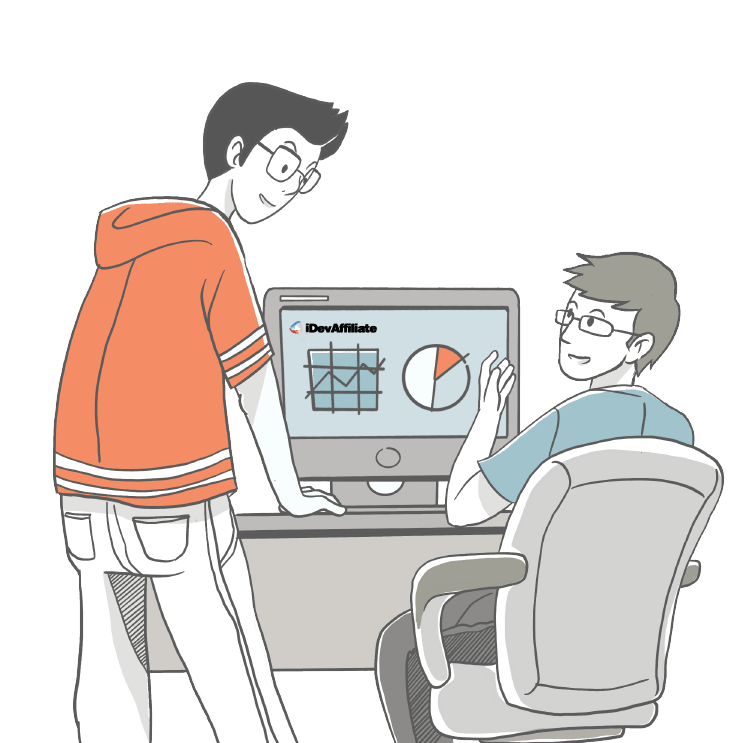 Illustrated representation of business owners exploring the iDevAffiliate's software platform for various affiliate management and affiliate tracking features.