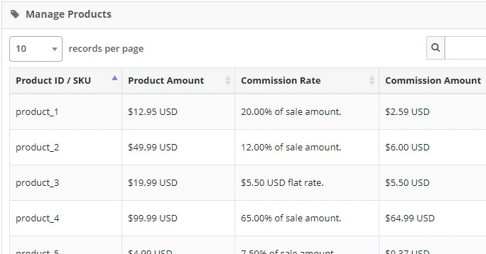 define affiliate commissions for each product in my store